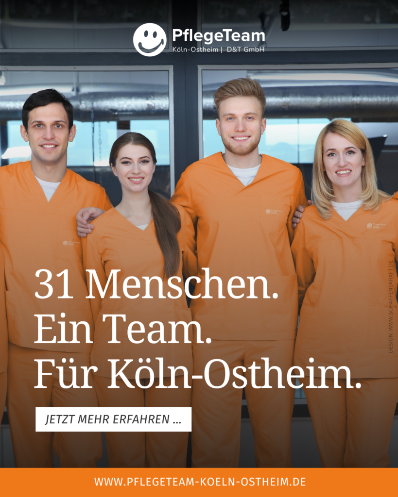 PflegeTeam Köln-Ostheim, Mitarbeitende in orange Kleidung.