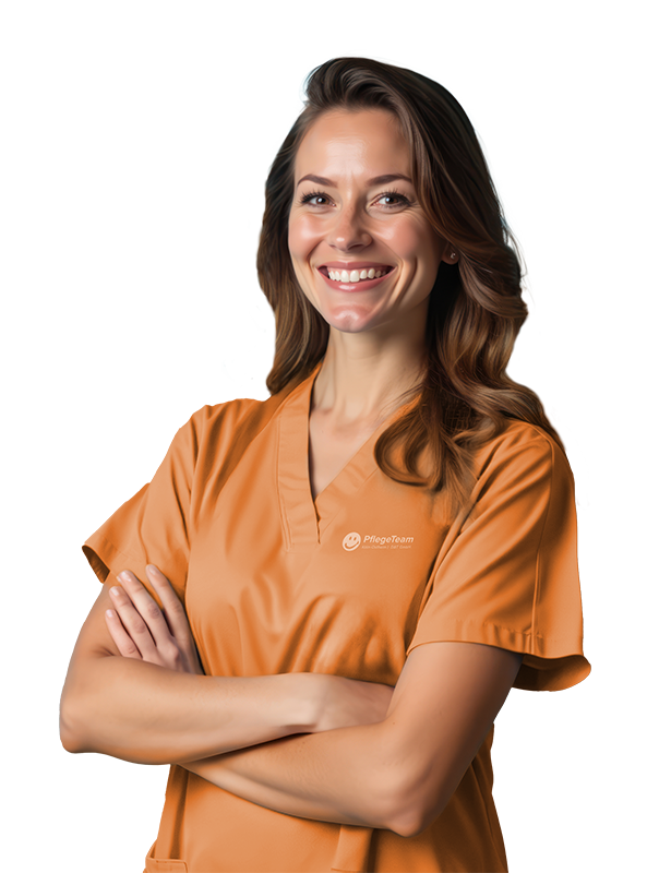 Lächelnde Frau in orangefarbener Pflegebekleidung